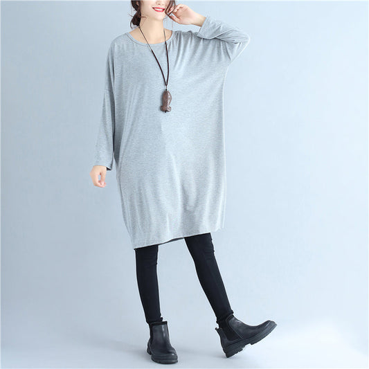 Baggy Loose Gray Cotton Dresses O Neck Cozy Autumn Traveling Dress