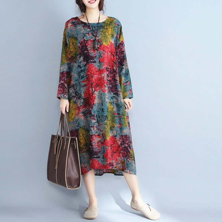 Baggy Multi-color Natural Linen Dress Prints Gown Fine O Neck Caftans
