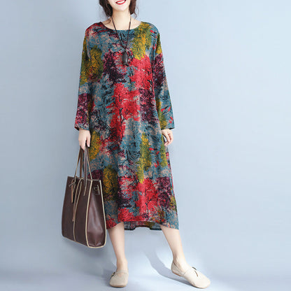 Baggy Multi-color Natural Linen Dress Prints Gown Fine O Neck Caftans