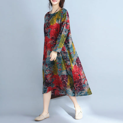 Baggy Multi-color Natural Linen Dress Prints Gown Fine O Neck Caftans