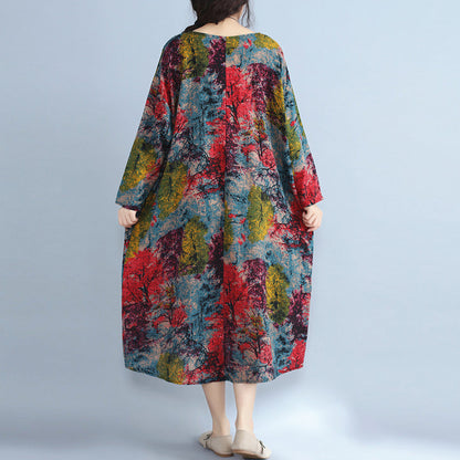 Baggy Multi-color Natural Linen Dress Prints Gown Fine O Neck Caftans