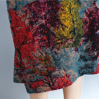 Baggy Multi-color Natural Linen Dress Prints Gown Fine O Neck Caftans