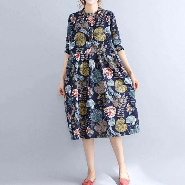 Baggy Navy Prints Linen Knee Dress Long Sleeve Patchwork Cotton Clothing