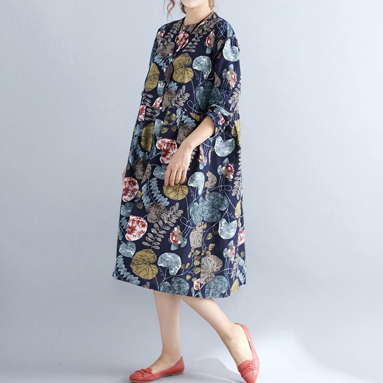Baggy Navy Prints Linen Knee Dress Long Sleeve Patchwork Cotton Clothing