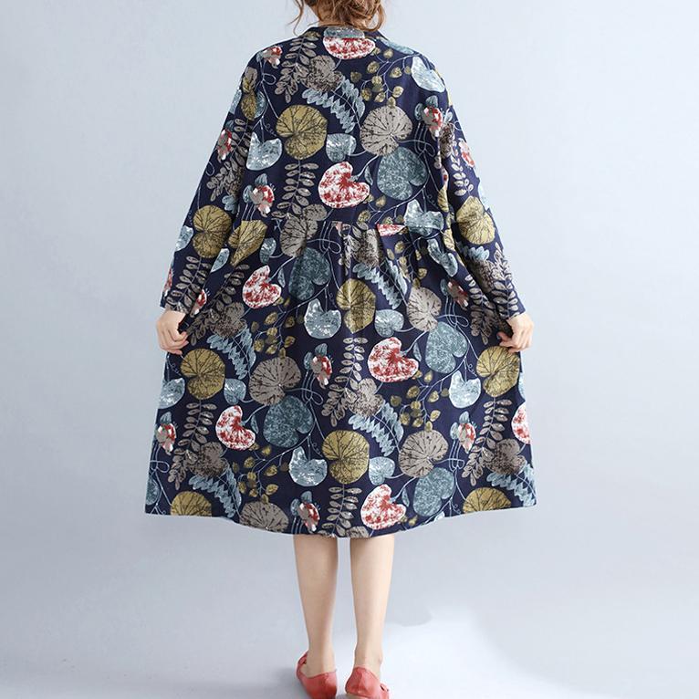 Baggy Navy Prints Linen Knee Dress Long Sleeve Patchwork Cotton Clothing