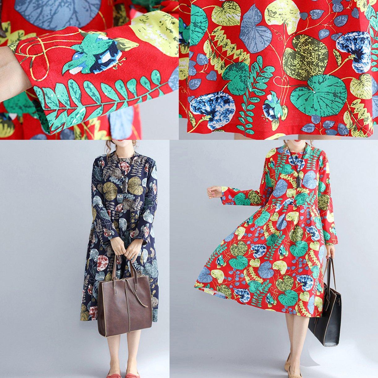 Baggy Navy Prints Linen Knee Dress Long Sleeve Patchwork Cotton Clothing