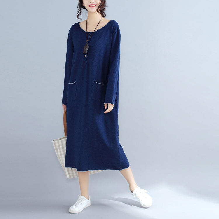 Baggy New Navy Knit Dresses Loose Long Sleeve Pockets Sweater Dress