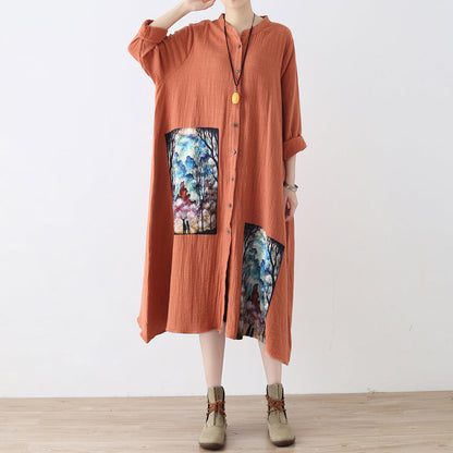 Baggy Orange Long Linen Shirt Dress Patchwork Gown Fine Asymmerrical Linen Caftans