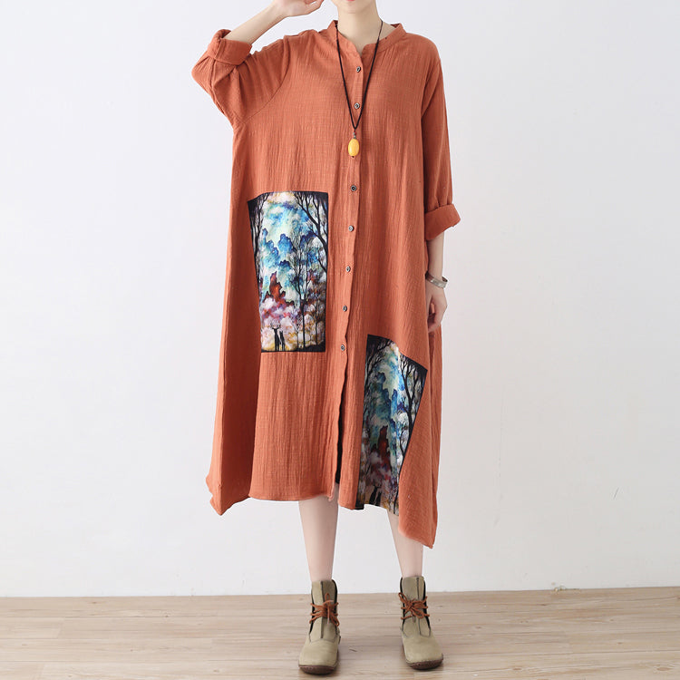 Baggy Orange Long Linen Shirt Dress Patchwork Gown Fine Asymmerrical Linen Caftans