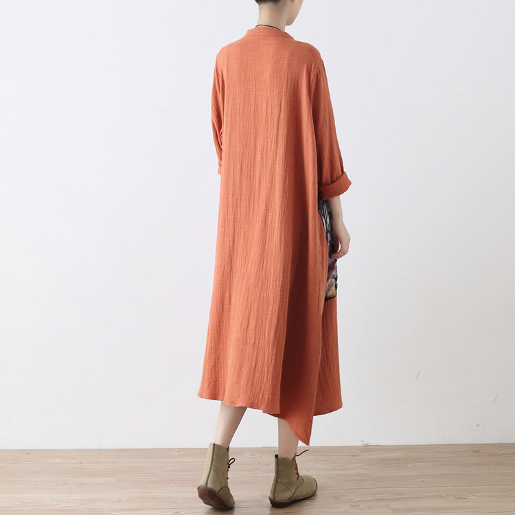 Baggy Orange Long Linen Shirt Dress Patchwork Gown Fine Asymmerrical Linen Caftans
