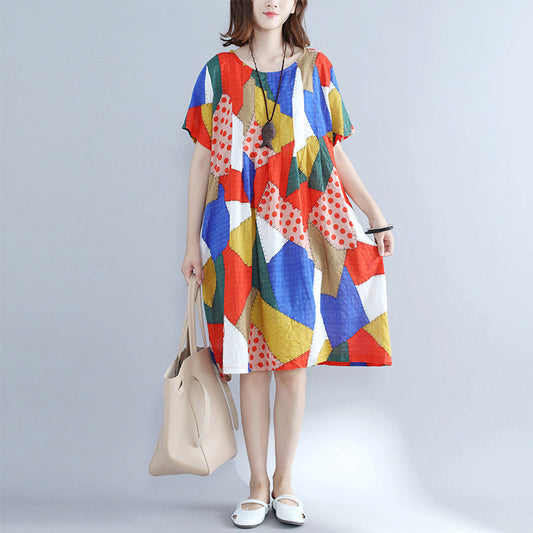 Baggy Orange Patchwork Cotton Shift Dress Oversized Cotton Clothing Dresses New O Neck Short Sleeve Natural Cotton Dress