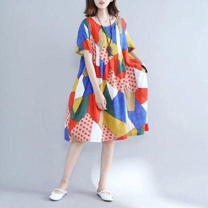 Baggy Orange Patchwork Cotton Shift Dress Oversized Cotton Clothing Dresses New O Neck Short Sleeve Natural Cotton Dress