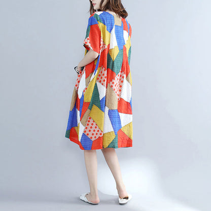 Baggy Orange Patchwork Cotton Shift Dress Oversized Cotton Clothing Dresses New O Neck Short Sleeve Natural Cotton Dress
