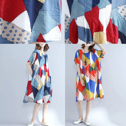 Baggy Orange Patchwork Cotton Shift Dress Oversized Cotton Clothing Dresses New O Neck Short Sleeve Natural Cotton Dress