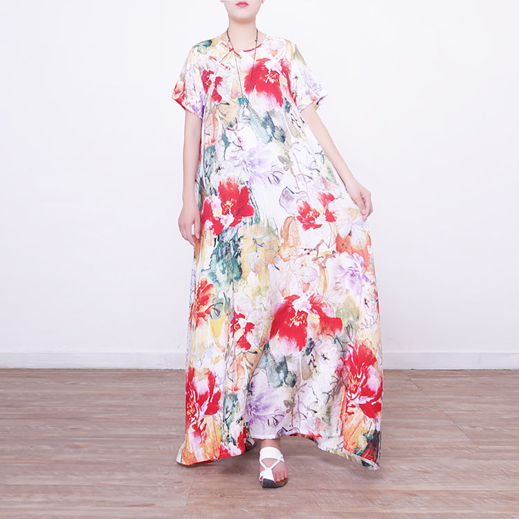 Baggy Prints Long Linen Dresses Oversized O Neck Linen Gown Boutique Chinese Button Long Dresses