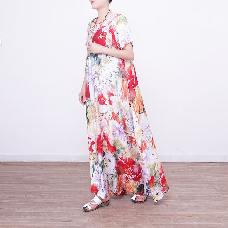 Baggy Prints Long Linen Dresses Oversized O Neck Linen Gown Boutique Chinese Button Long Dresses