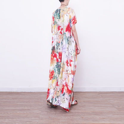 Baggy Prints Long Linen Dresses Oversized O Neck Linen Gown Boutique Chinese Button Long Dresses