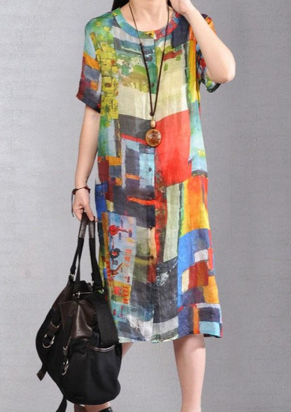 Baggy Pure Linen Dresses Loose Fitting Printed Single Breasted Short Sleeve Flax Dress