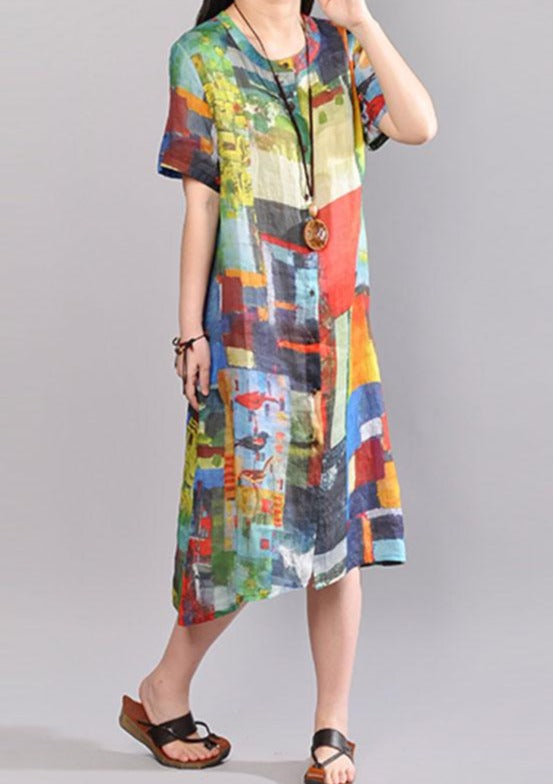 Baggy Pure Linen Dresses Loose Fitting Printed Single Breasted Short Sleeve Flax Dress