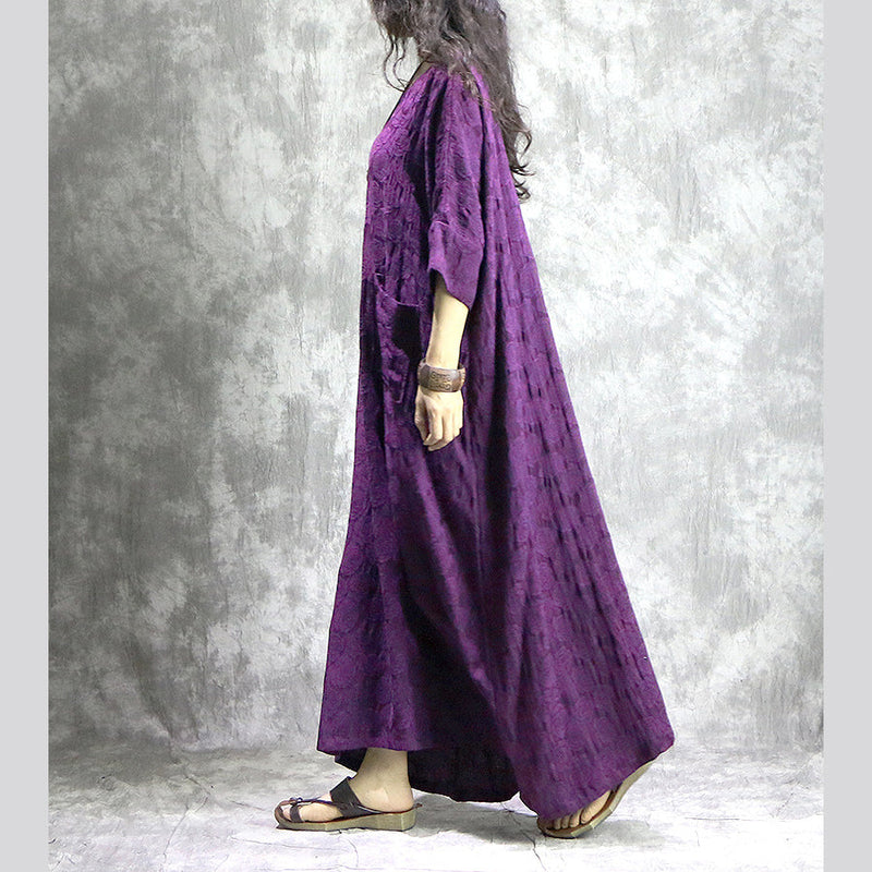 Baggy Purple Linen Dresses V Neck Baggy Gown Boutique Pockets Jacquard Autumn Dress