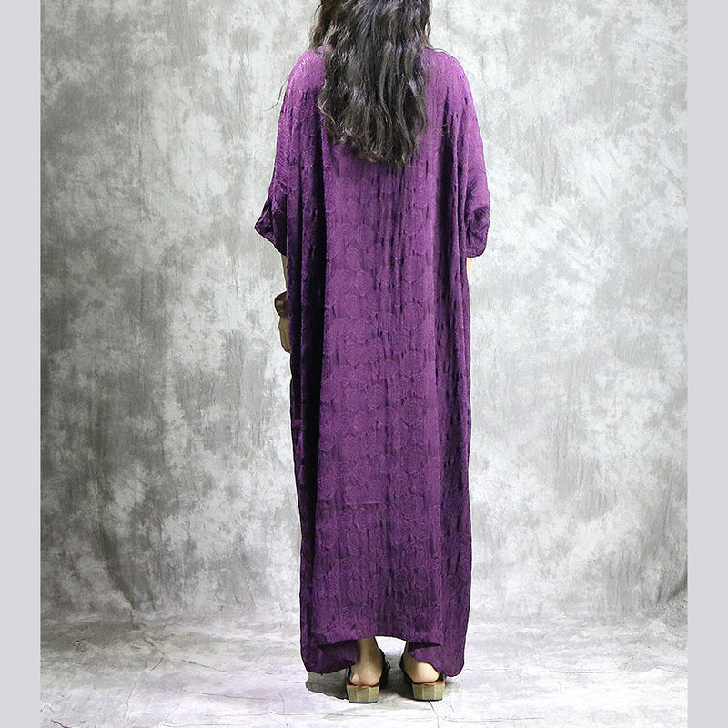 Baggy Purple Linen Dresses V Neck Baggy Gown Boutique Pockets Jacquard Autumn Dress
