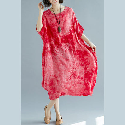 Baggy Red Linen Dresses Oversize O Neck Linen Gown Short Sleeve Baggy Dresses Linen Caftans