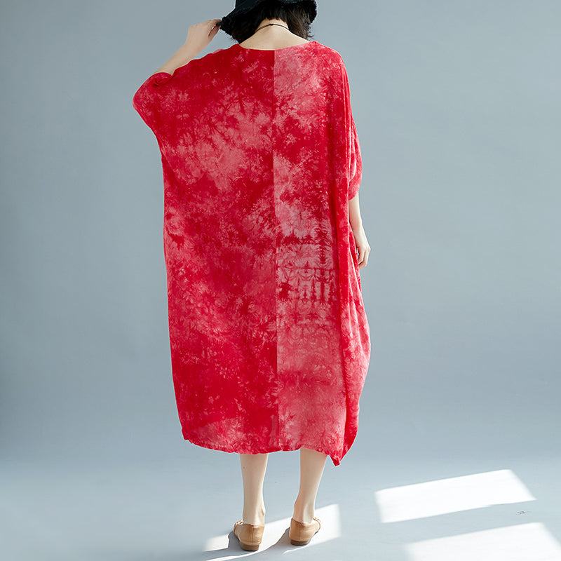 Baggy Red Linen Dresses Oversize O Neck Linen Gown Short Sleeve Baggy Dresses Linen Caftans