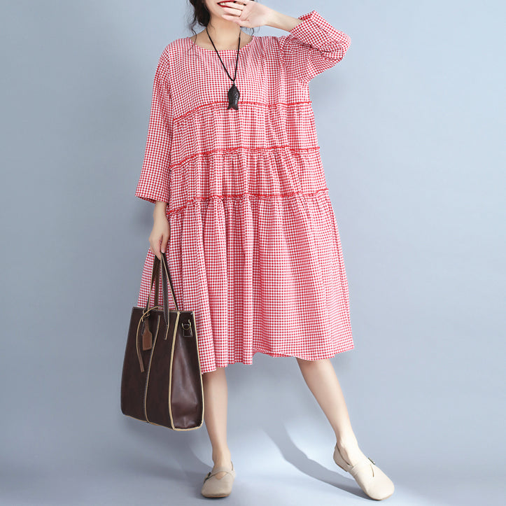 Baggy Red Plaid Pure Linen Dresses Patchwork O Neck Midi Dress