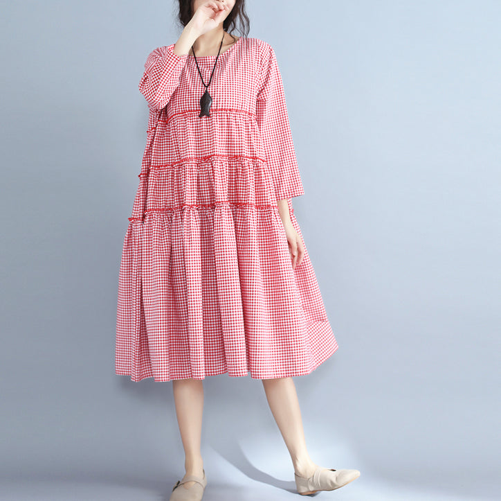 Baggy Red Plaid Pure Linen Dresses Patchwork O Neck Midi Dress