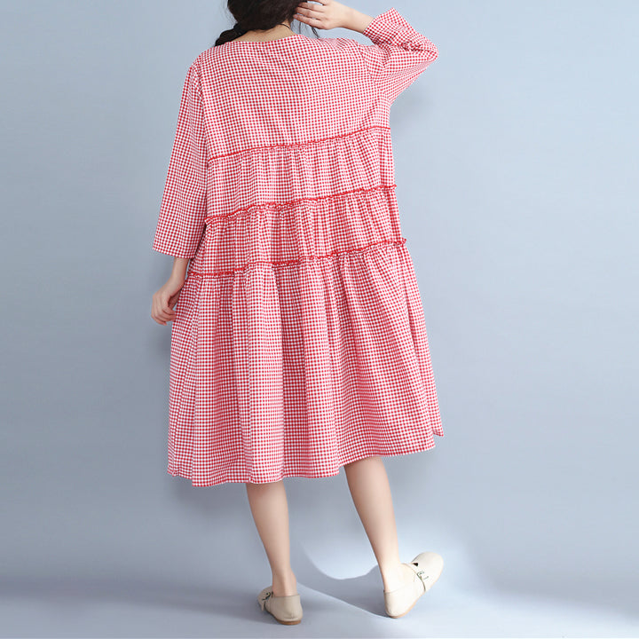 Baggy Red Plaid Pure Linen Dresses Patchwork O Neck Midi Dress