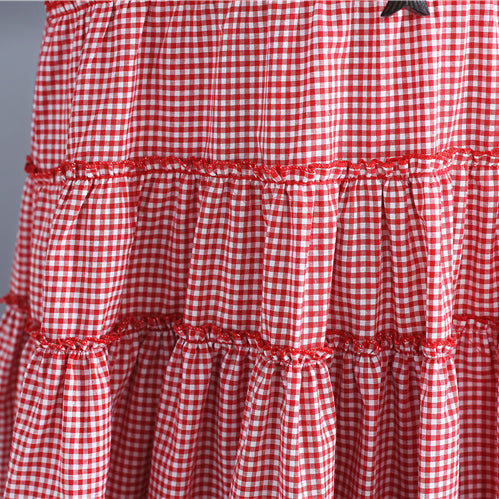 Baggy Red Plaid Pure Linen Dresses Patchwork O Neck Midi Dress