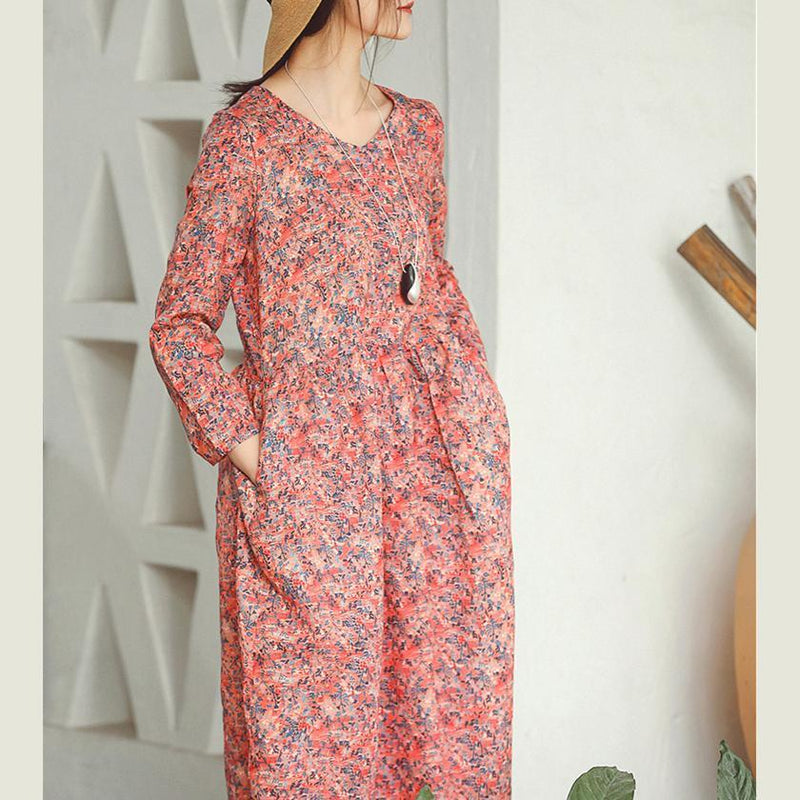 Baggy Red Print Linen Dress Clothing Holiday Dresses Long Sleeve Baggy Dresses O Neck Midi Dress