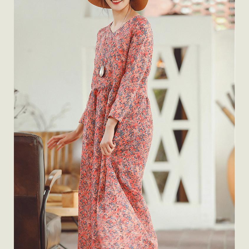 Baggy Red Print Linen Dress Clothing Holiday Dresses Long Sleeve Baggy Dresses O Neck Midi Dress