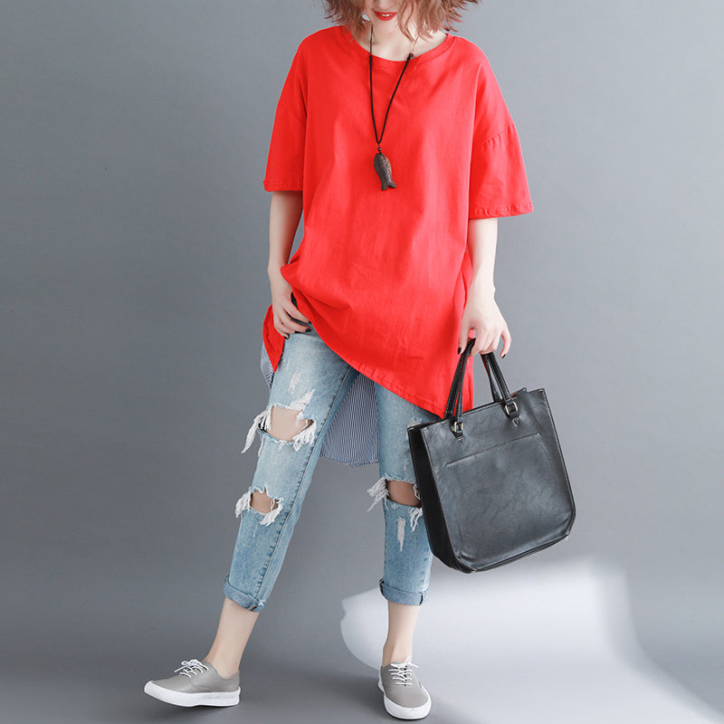 Baggy Red Pure Linen Cotton Blouse Shirts Boutique O Neck Striped Batwing Sleeve Cotton Clothing