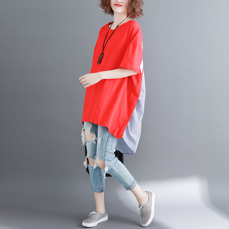 Baggy Red Pure Linen Cotton Blouse Shirts Boutique O Neck Striped Batwing Sleeve Cotton Clothing