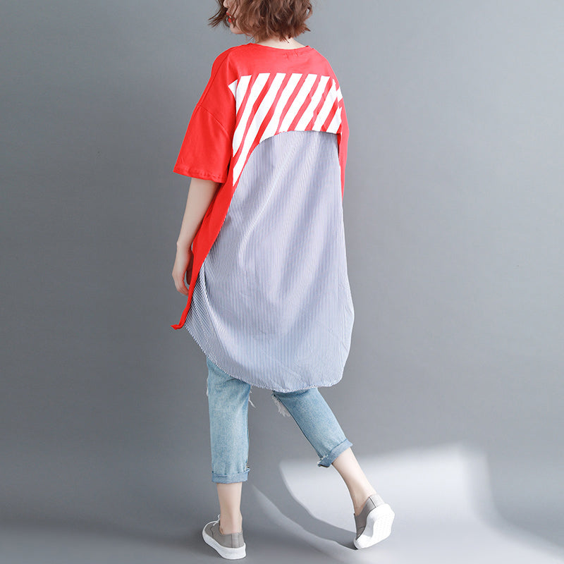 Baggy Red Pure Linen Cotton Blouse Shirts Boutique O Neck Striped Batwing Sleeve Cotton Clothing