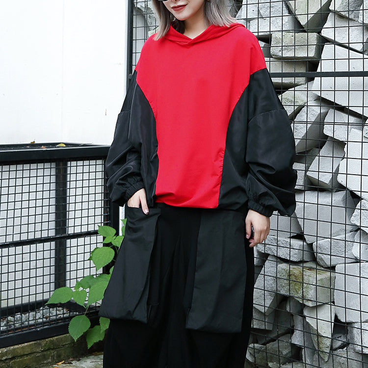 Baggy Red Tops Hooded Patchwork Cotton Blended Clothing Blouses Fine Batwing Sleeve Tops
