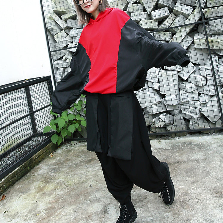 Baggy Red Tops Hooded Patchwork Cotton Blended Clothing Blouses Fine Batwing Sleeve Tops