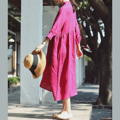 Baggy Rose Cotton Linen Dress Stand Cotton Linen Clothing Dress New Three Quarter Sleeve Baggy Dresses