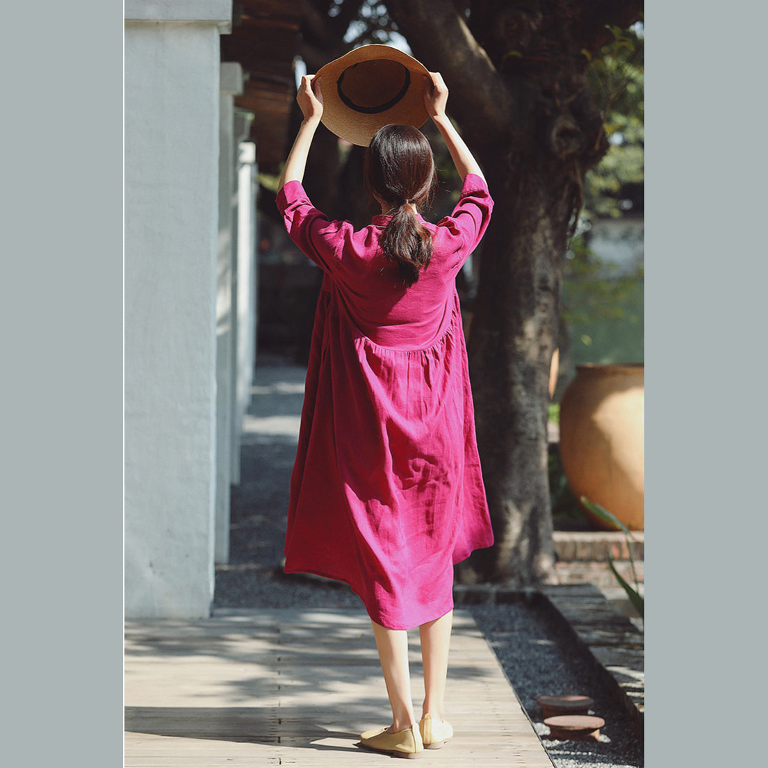 Baggy Rose Cotton Linen Dress Stand Cotton Linen Clothing Dress New Three Quarter Sleeve Baggy Dresses