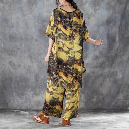 Baggy Chiffon Summer Dress Oversized Yellow Two Pieces Set Printed Irregular Top Wide Leg Pants