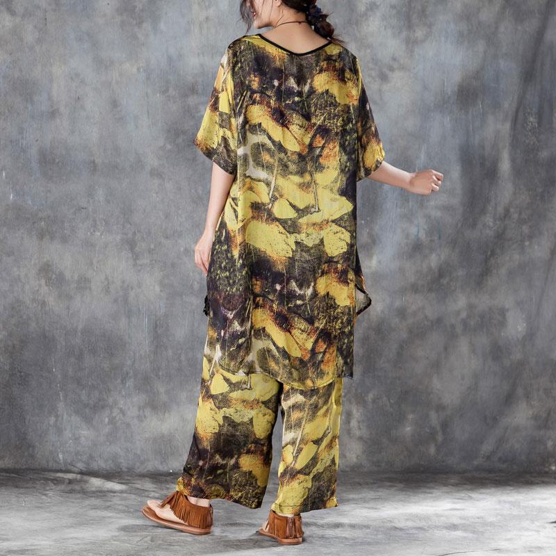 Baggy Chiffon Summer Dress Oversized Yellow Two Pieces Set Printed Irregular Top Wide Leg Pants