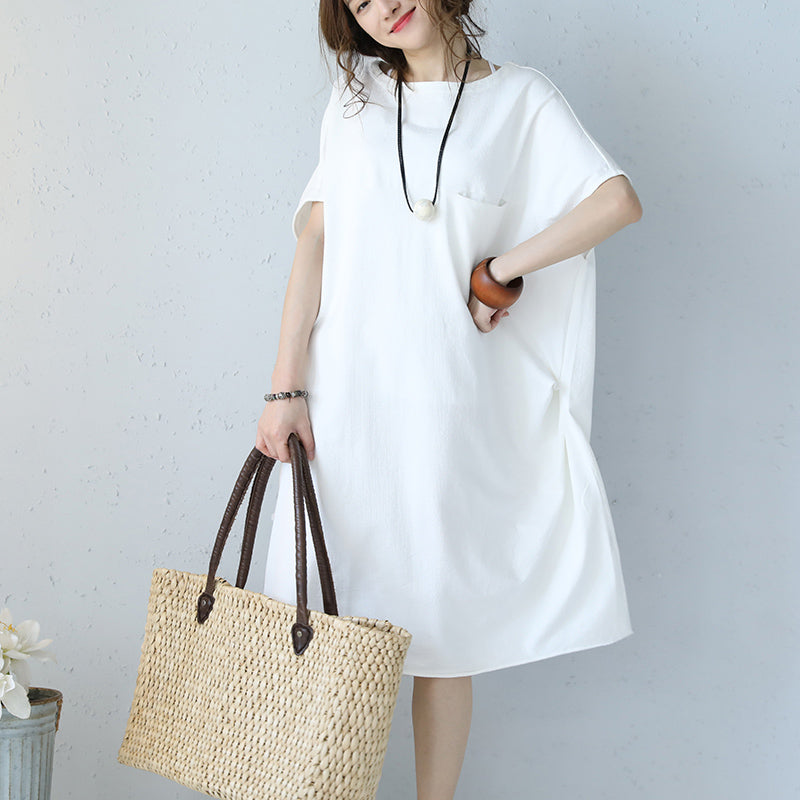 Baggy White Natural Cotton Dress Oversized Cotton Clothing Dress Short Sleeve O Neck Cotton Dresses