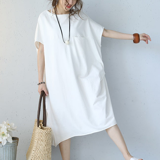 Baggy White Natural Cotton Dress Oversized Cotton Clothing Dress Short Sleeve O Neck Cotton Dresses