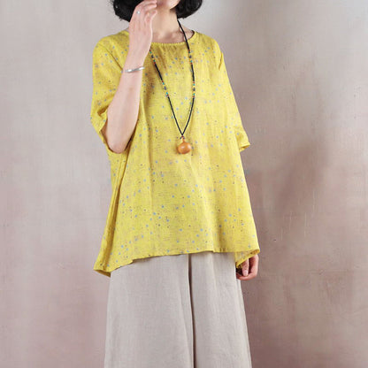 Baggy Yellow Print Natural Linen T Shirt Loose Fitting Traveling Clothing Short Sleeve O Neck Back Side Open Natural Linen Pullover