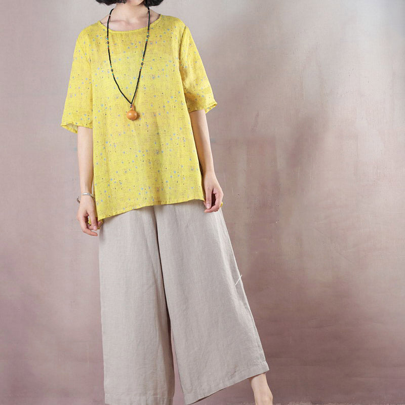 Baggy Yellow Print Natural Linen T Shirt Loose Fitting Traveling Clothing Short Sleeve O Neck Back Side Open Natural Linen Pullover