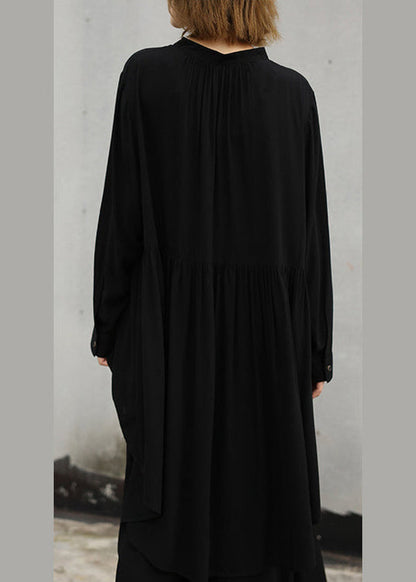 Baggy Black Natural Cotton T Shirt Two Pieces Loose Fitting Stand Collar Cinched Holiday Tops Baggy Trousers