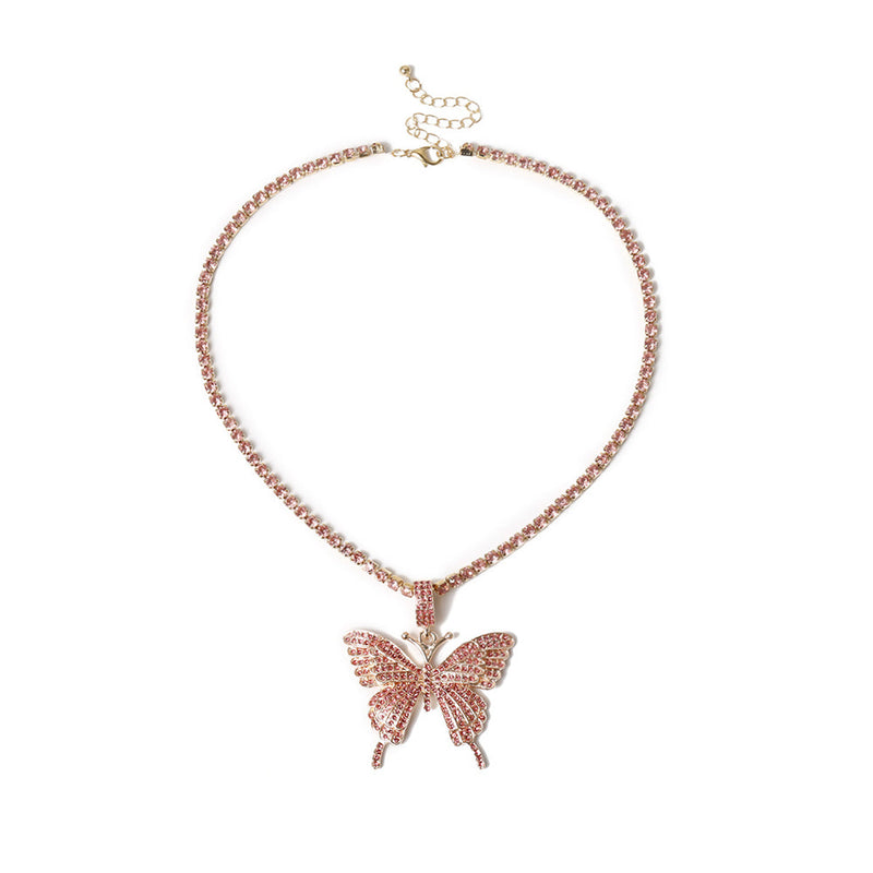Butterfly Pendant Necklace Rhinestones With Crystal Chain