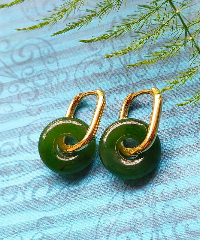 Simple Green Sterling Silver Overgild Jade Ping an Buckle Drop Earrings