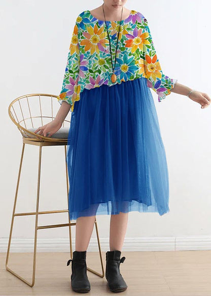 Blue Flower Tull Maxi Dresses Patchwork Chiffon Summer Dresses